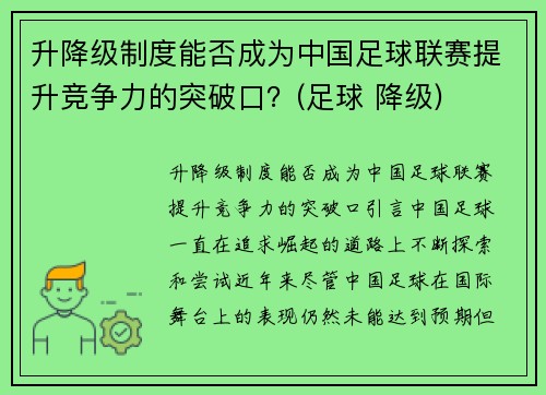 升降级制度能否成为中国足球联赛提升竞争力的突破口?(足球 降级) 升降级制度能否成为中国足球联赛提升竞争力的突破口?(足球 降级)
